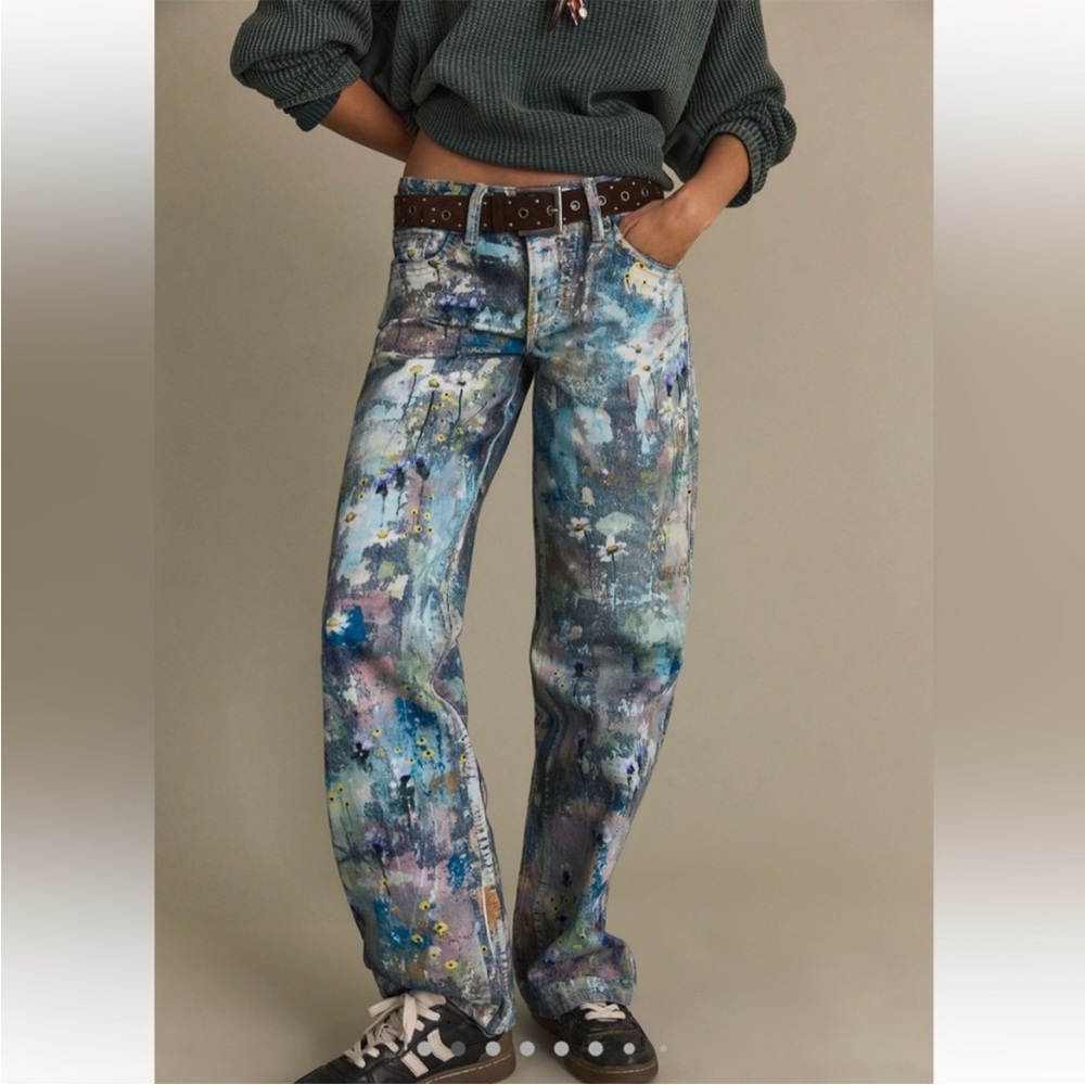 Free People Painted Straight Leg Jeans in Blue Multi